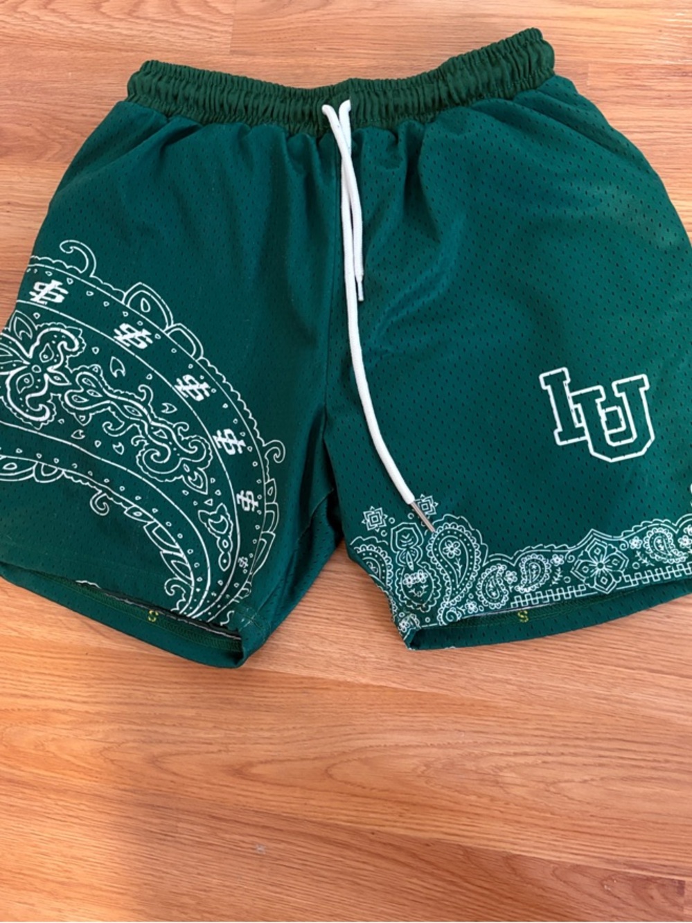 Green Bandana Print Athletic Mesh Shorts with Drawstring